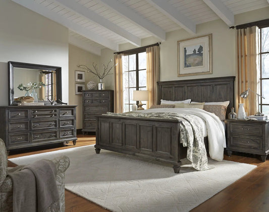 Calistoga mirror in weathered charcoal above a dark wood dresser by Unique Piece Furniture on Tampa Home & Garden Store