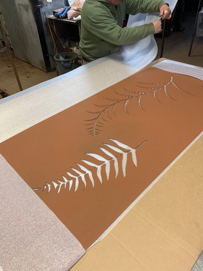 Outdoor metal privacy panel Rustica Ornamentals, brown steel with fern cutouts 60 & 72 on Tampa Home & Garden Store