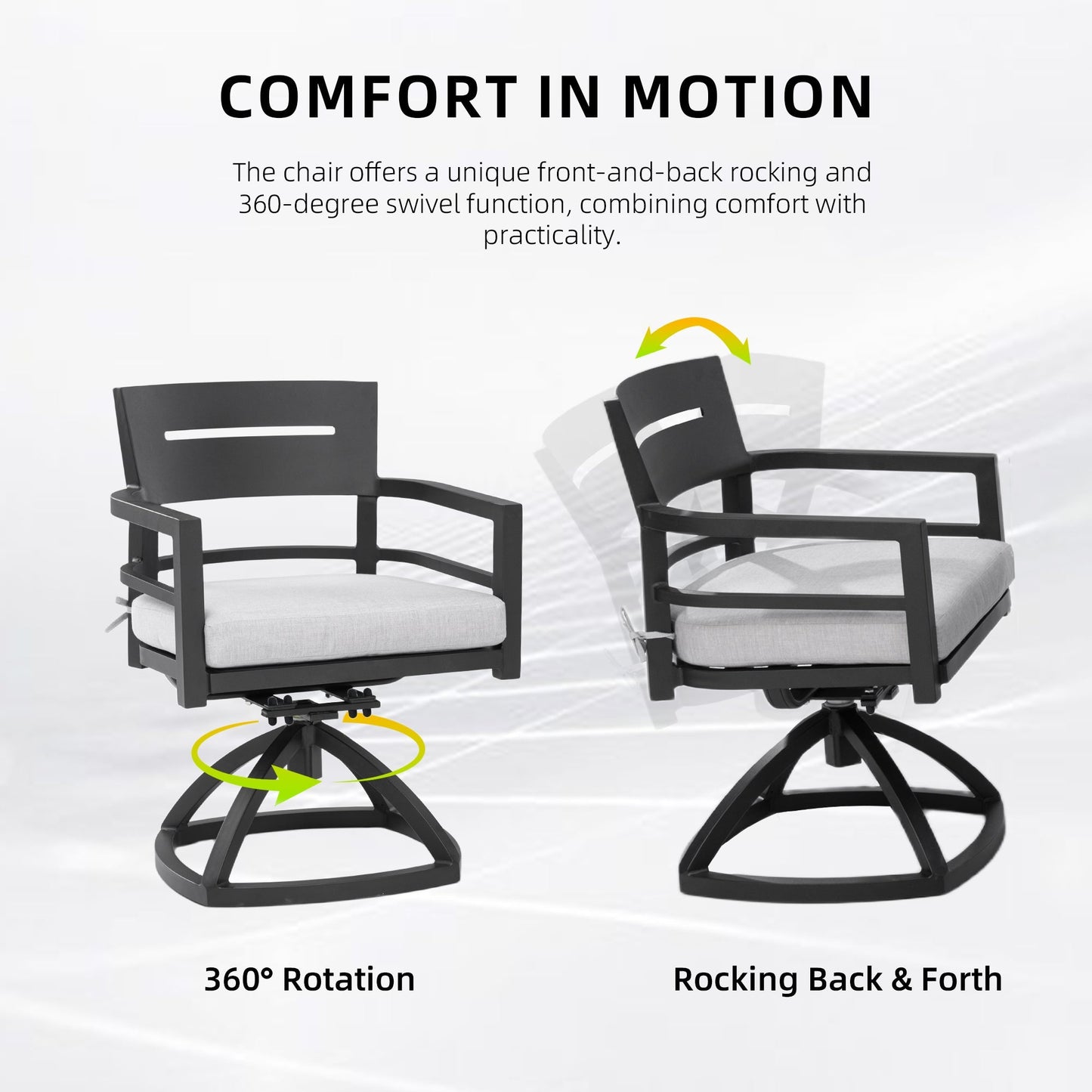 Outdoor swivel rocker chairs, 2pc black aluminum Sunbrella cushions, 360° rotation on Tampa Home & Garden Store