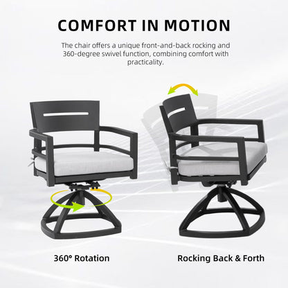 Outdoor swivel rocker chairs, 2pc black aluminum Sunbrella cushions, 360° rotation on Tampa Home & Garden Store
