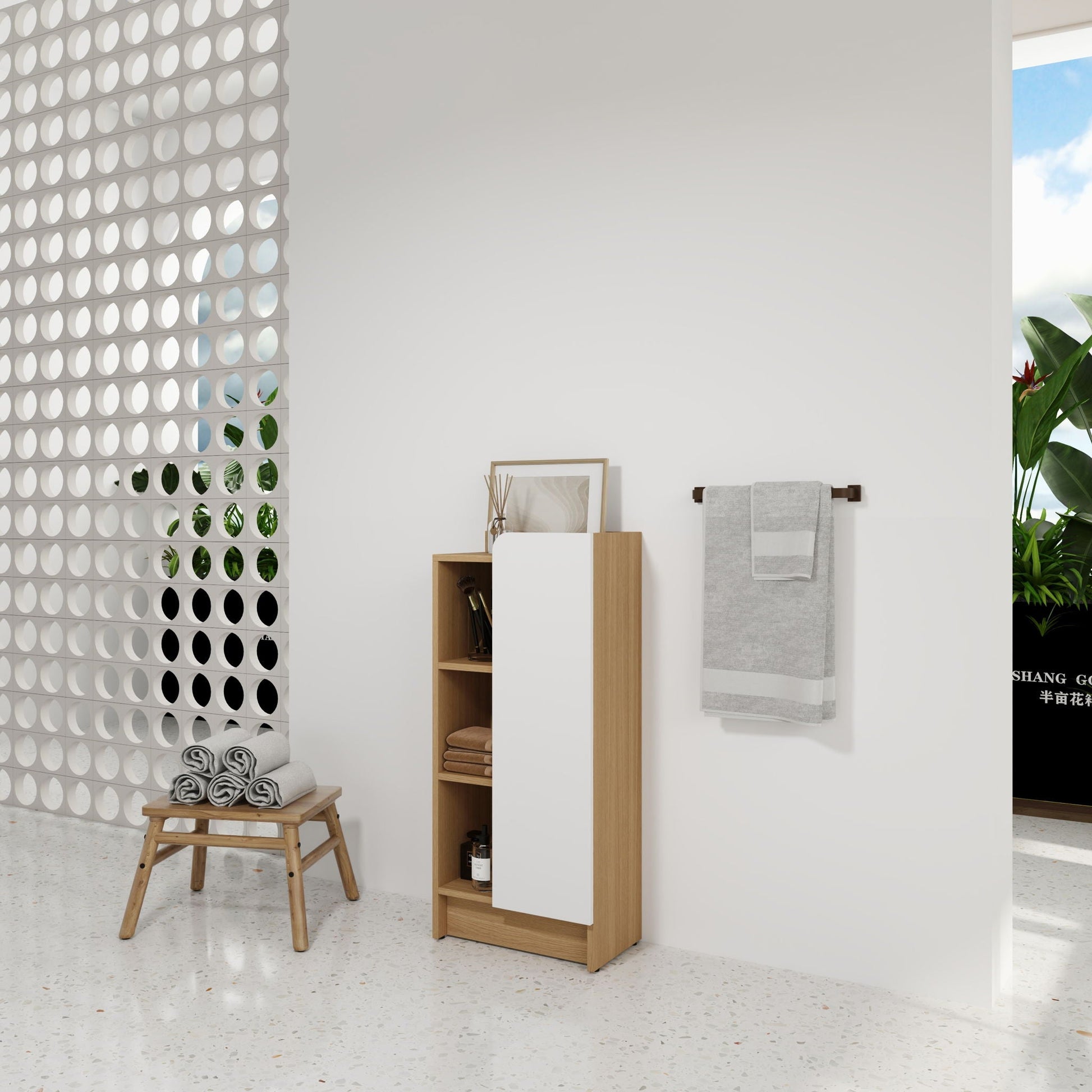 Freestanding linen cabinet with white door and light oak trim, 3-tier shelves, HouseOfZazla on Tampa Home & Garden Store