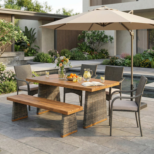 6pc outdoor acacia wood dining set with PE rattan stacking chairs and beige umbrella on Tampa Home & Garden Store