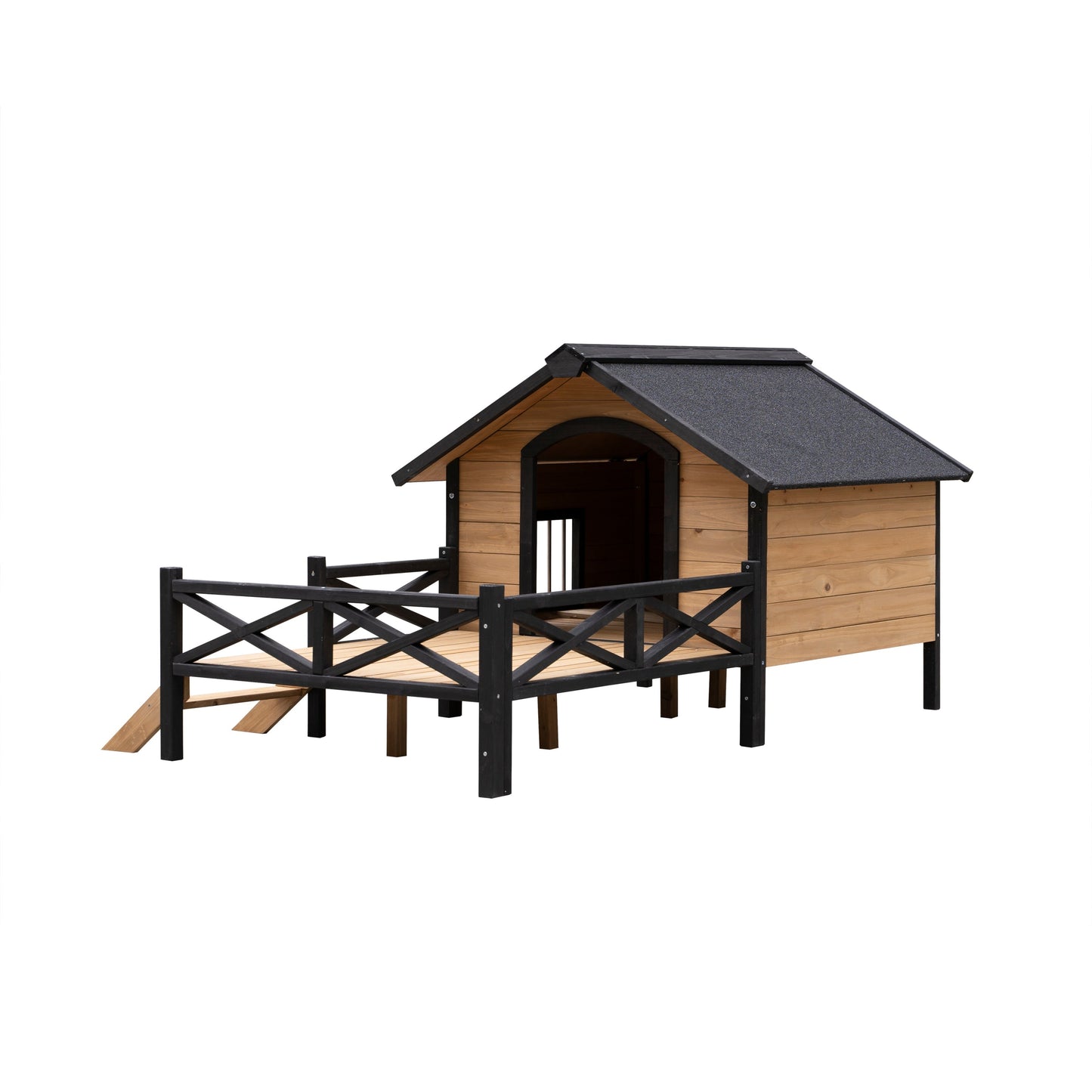 Dog house large outdoor cabin in natural wood with black trim and porch HouseOfZazla on Tampa Home & Garden Store