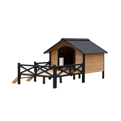 Dog house large outdoor cabin in natural wood with black trim and porch HouseOfZazla on Tampa Home & Garden Store