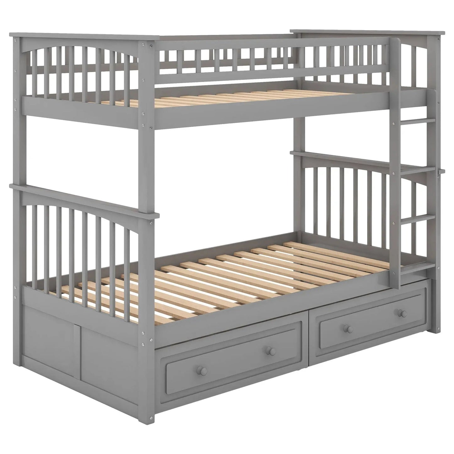 Twin over twin bunk bed with drawers in gray finish, slatted beds and ladder on Tampa Home & Garden Store