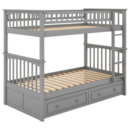 Twin over twin bunk bed with drawers in gray finish, slatted beds and ladder on Tampa Home & Garden Store