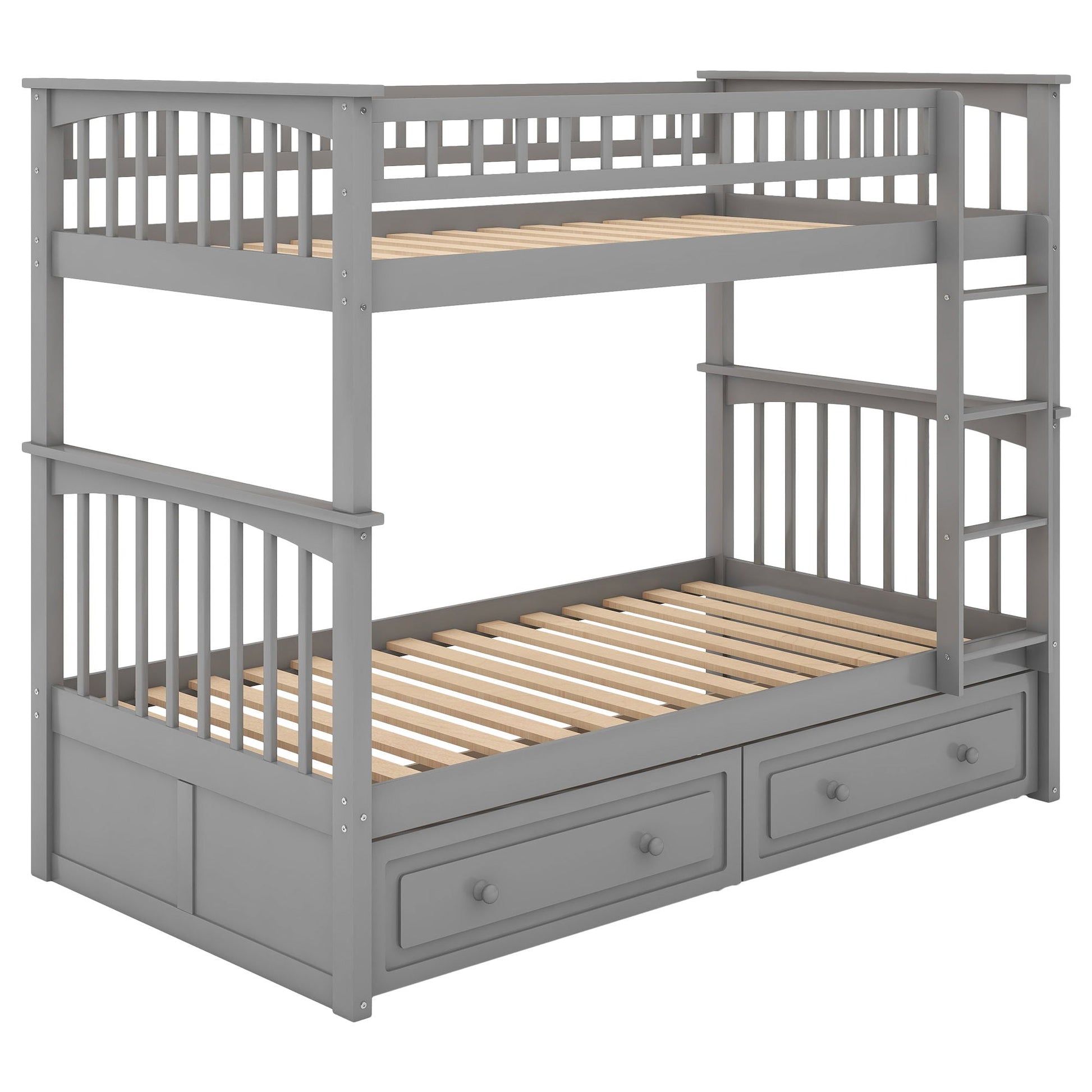 Twin Over Twin Bunk Bed With Drawers in gray finish with built-in underbed storage ladder on Tampa Home & Garden Store