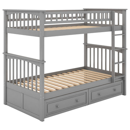 Twin Over Twin Bunk Bed With Drawers in gray finish with built-in underbed storage ladder on Tampa Home & Garden Store