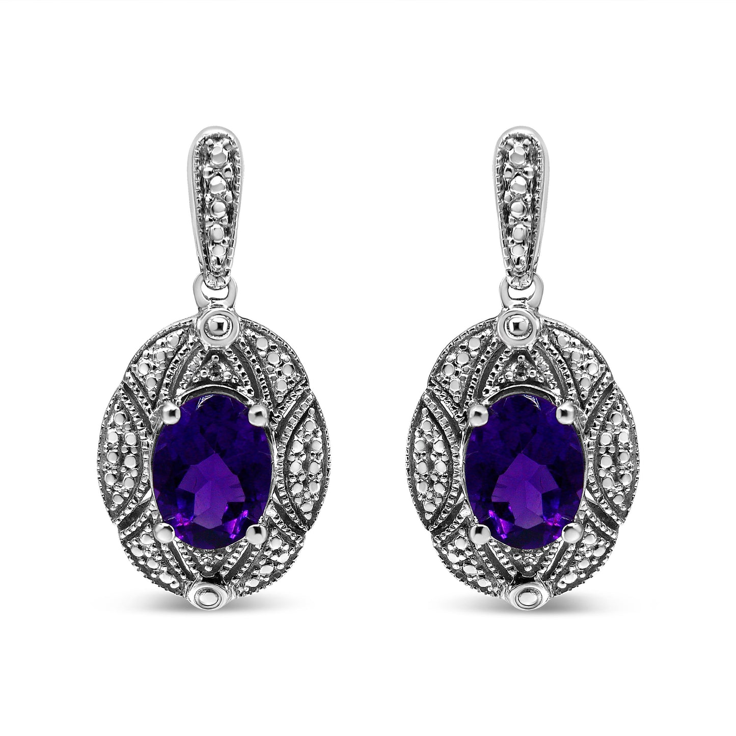 Pair of .925 sterling silver amethyst drop earrings with diamond accents, purple 8x6mm oval stones, Bids.com on Tampa Home & Garden Store