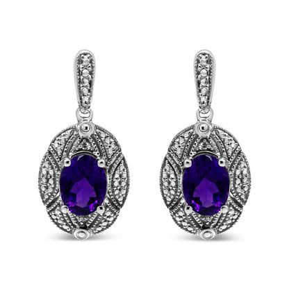 Pair of .925 sterling silver amethyst drop earrings with diamond accents, purple 8x6mm oval stones, Bids.com on Tampa Home & Garden Store