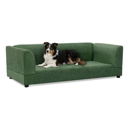 Comfortable oversized pet sofa for medium/large dogs in green upholstery with a dog resting on it on Tampa Home & Garden Store