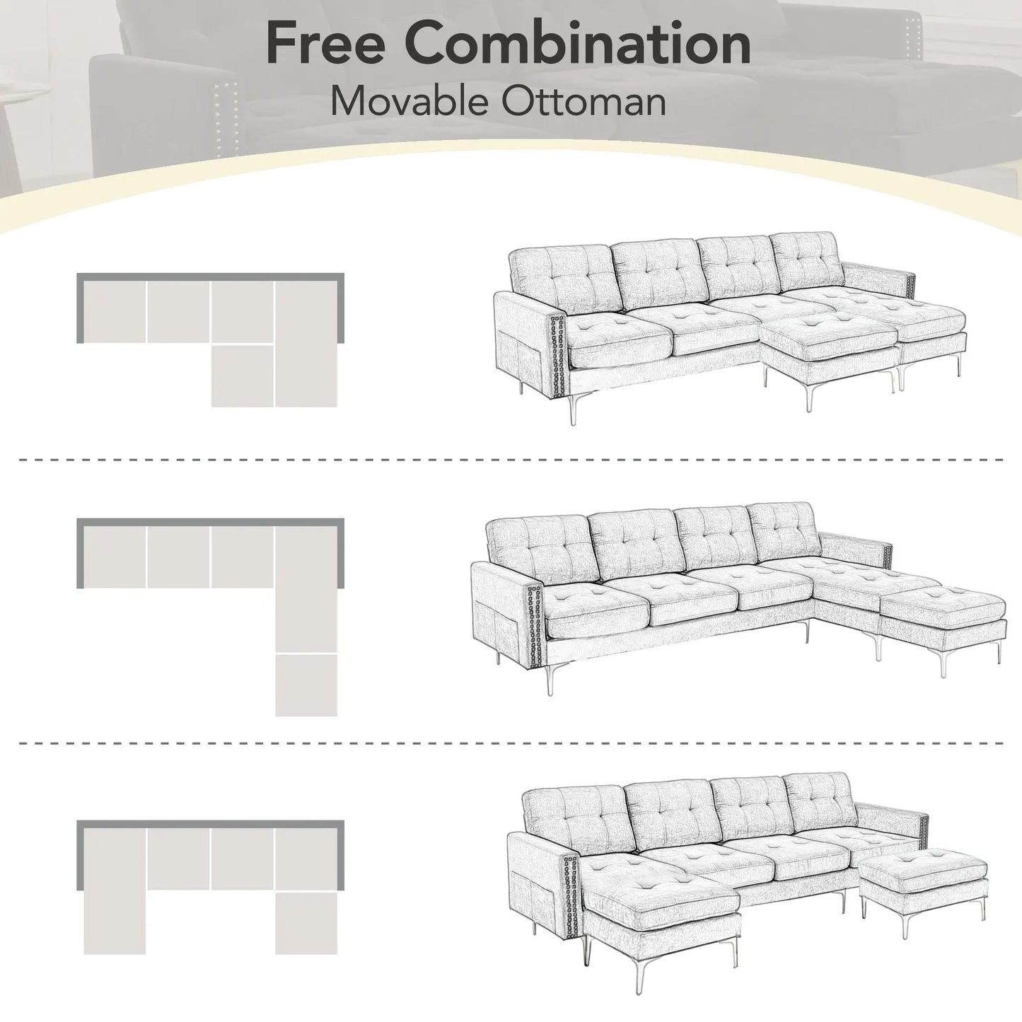 Modern L-Shape Convertible Sectional Sofa With Movable Ottoman gray fabric 2pc on Tampa Home & Garden Store