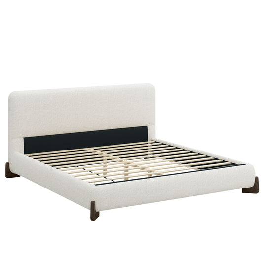 White Boucle Upholstered Bed on Solid Wood Legs
