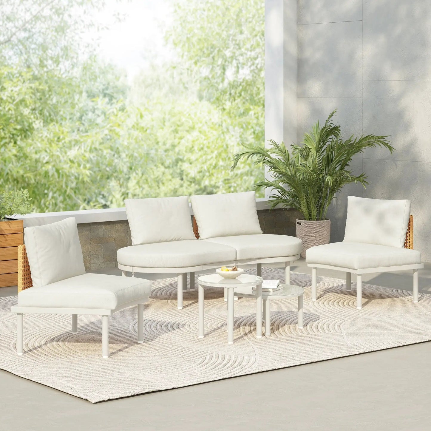 6 Piece Patio Set half moon outdoor sectional with white cushions and two round coffee tables on Tampa Home & Garden Store
