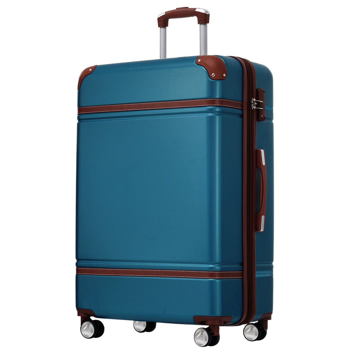 GigaTech blue 28in hardshell luggage set with brown leather trim and four-spinner wheels on Tampa Home & Garden Store