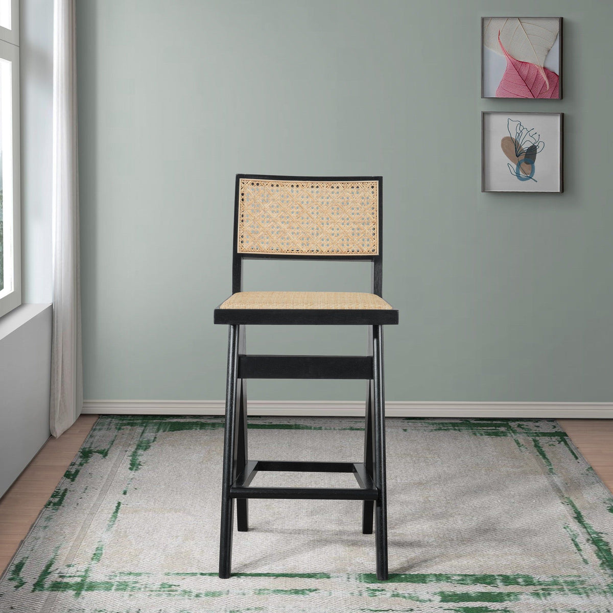 Black & rattan bar stools set of 2 with full back support, black metal frame, cane seats on Tampa Home & Garden Store