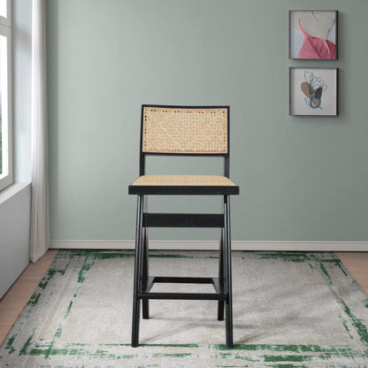 Black & rattan bar stools set of 2 with full back support, black metal frame, cane seats on Tampa Home & Garden Store