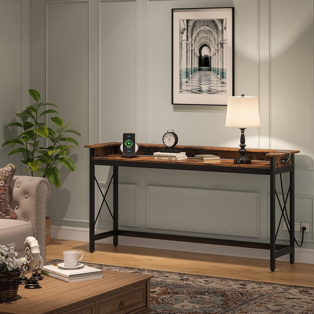 Extra Long Console Table with Charging Station brown wood top black metal frame living room on Tampa Home & Garden Store