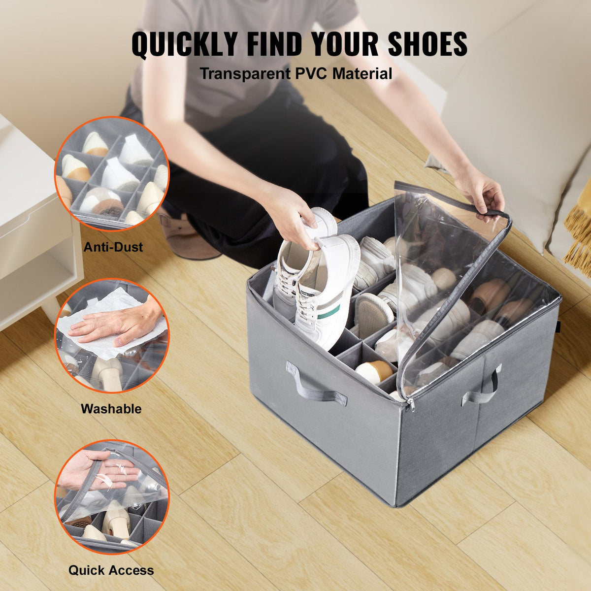 Under Bed Shoe Storage Organizer by HouseOfZazla in gray fabric with transparent PVC lid on Tampa Home & Garden Store
