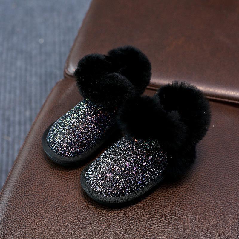Toddler winter boots by Stevvex, glittery black upper with fluffy fur trim, pair on Tampa Home & Garden Store