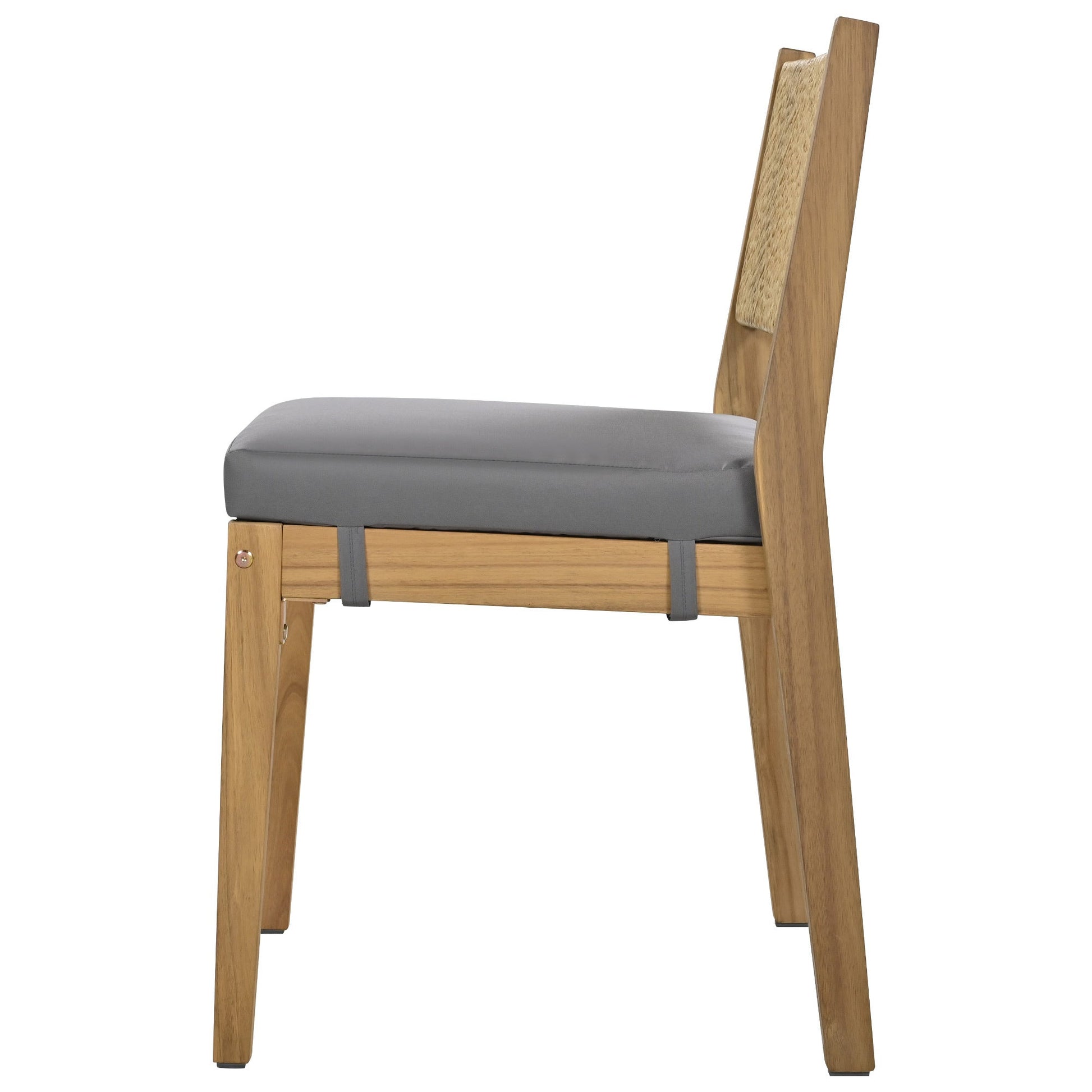 U Style outdoor acacia wood dining chair with gray cushion and woven back detail on Tampa Home & Garden Store