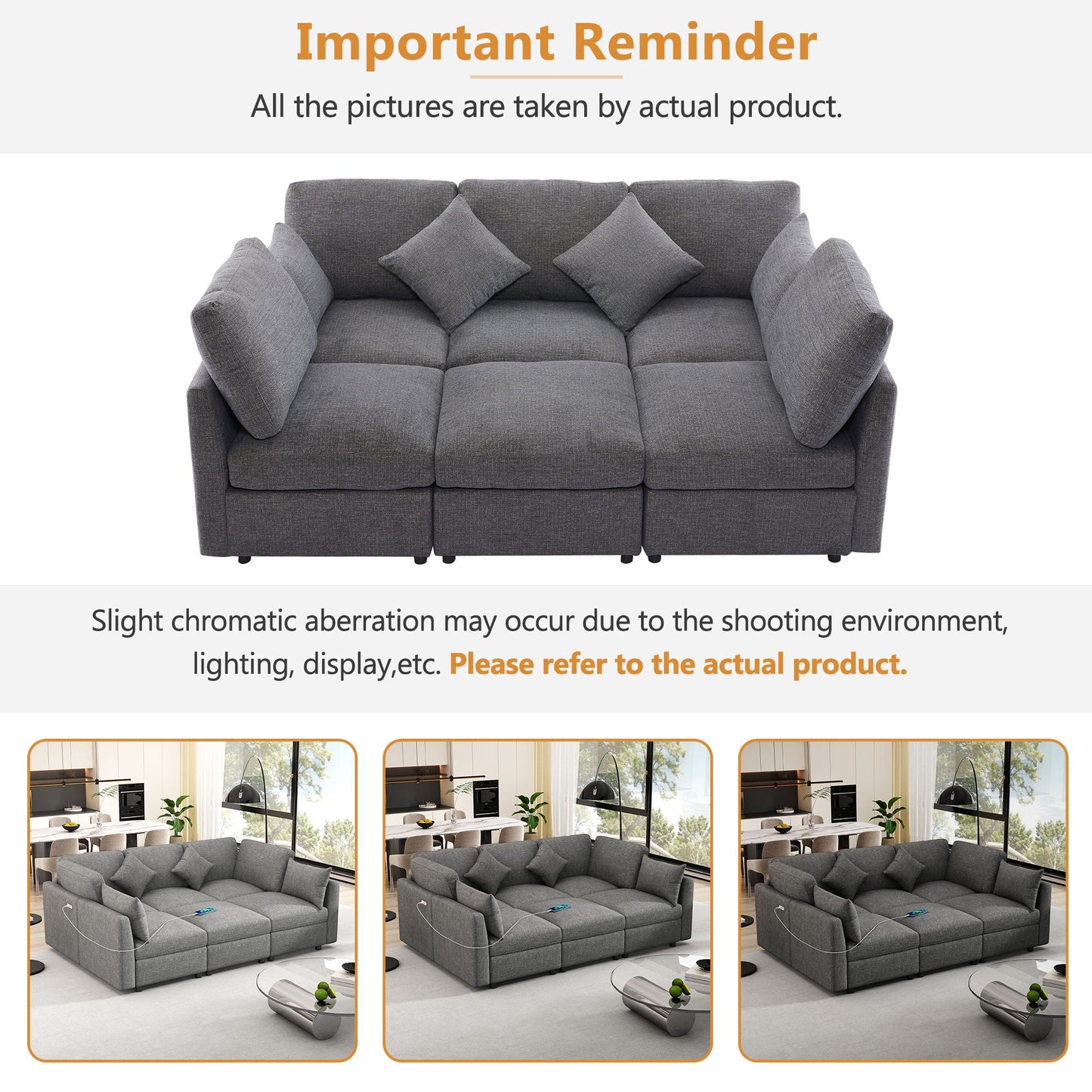 Sectional sofa modular U-shaped with ottoman and USB ports, gray fabric, HouseOfZazla 2-piece set on Tampa Home & Garden Store