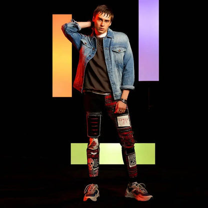New men's ripped patch jeans with red plaid patches and black distressed panels on Tampa Home & Garden Store