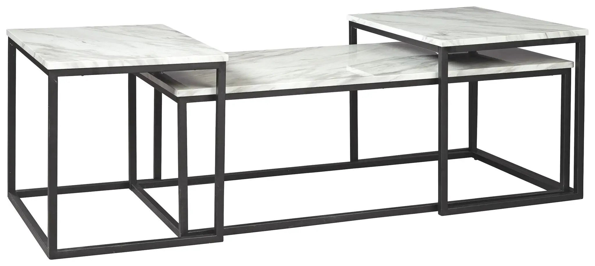 Donnesta 3-piece occasional table set with gray/white marble tops and black metal frames on Tampa Home & Garden Store
