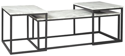 Donnesta 3-piece occasional table set with gray/white marble tops and black metal frames on Tampa Home & Garden Store