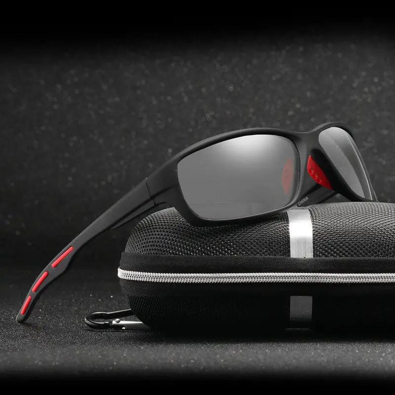 Night vision polarized glasses FLIPSTYLEZLLC, black frame, gray lenses, red temple accents, on Tampa Home & Garden Store