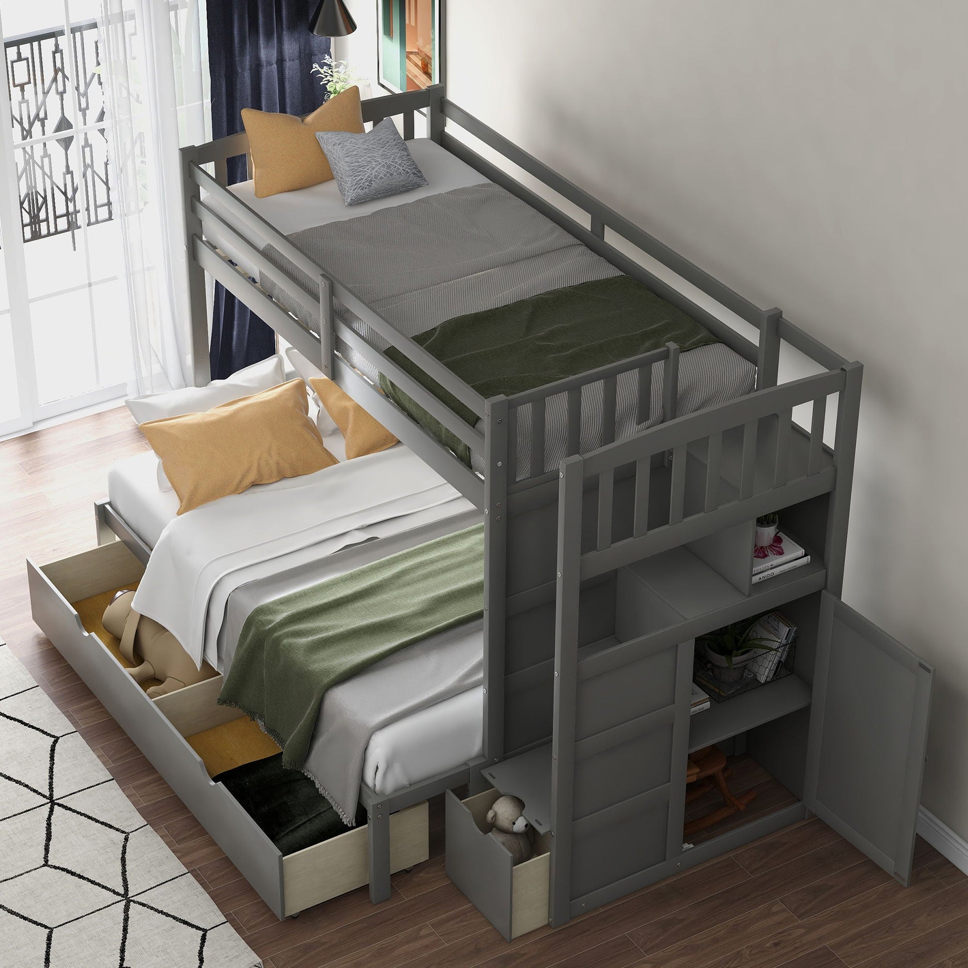 Bunk bed by HouseOfZazla gray metal with convertible bottom bed and built-in storage drawers on Tampa Home & Garden Store