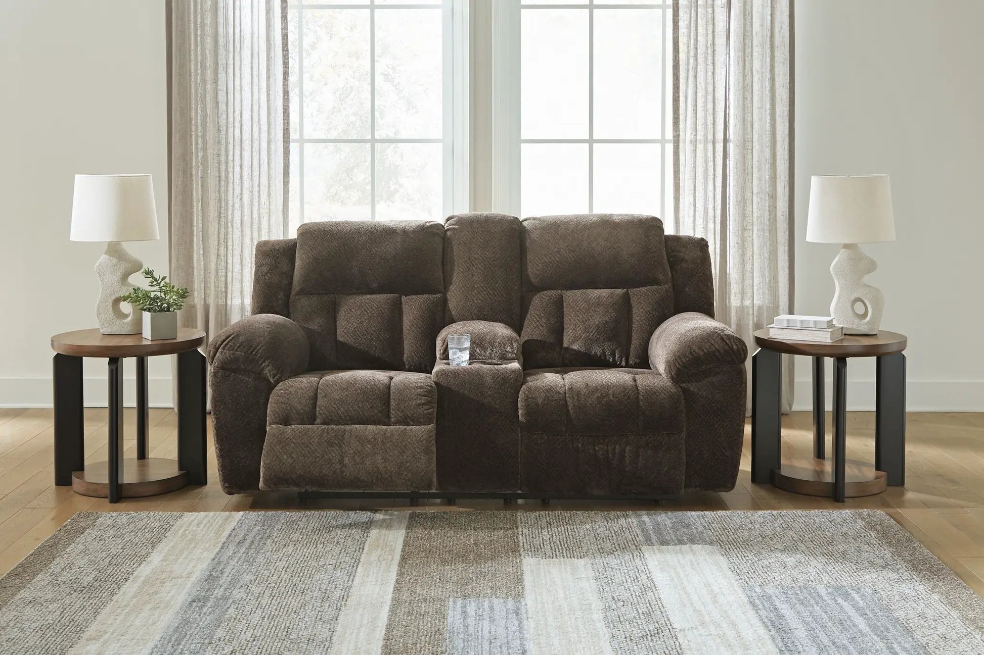 Frohn double reclining loveseat with center console brown fabric Unique Piece Furniture on Tampa Home & Garden Store