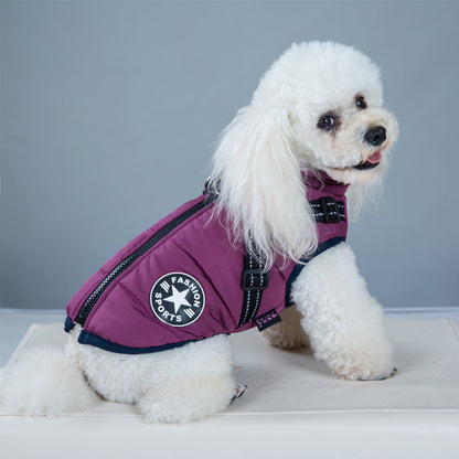 Pet dog hooded winter coat for small dogs purple with harness straps and sports patch Pet Zen on Tampa Home & Garden Store