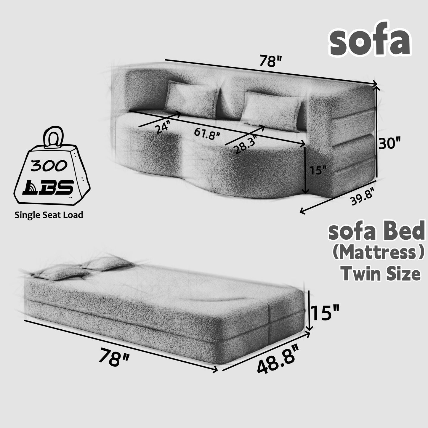 Modern Floor Sofa With 2 Pillows, grey upholstery, HouseOfZazla futon sofa bed twin size on Tampa Home & Garden Store
