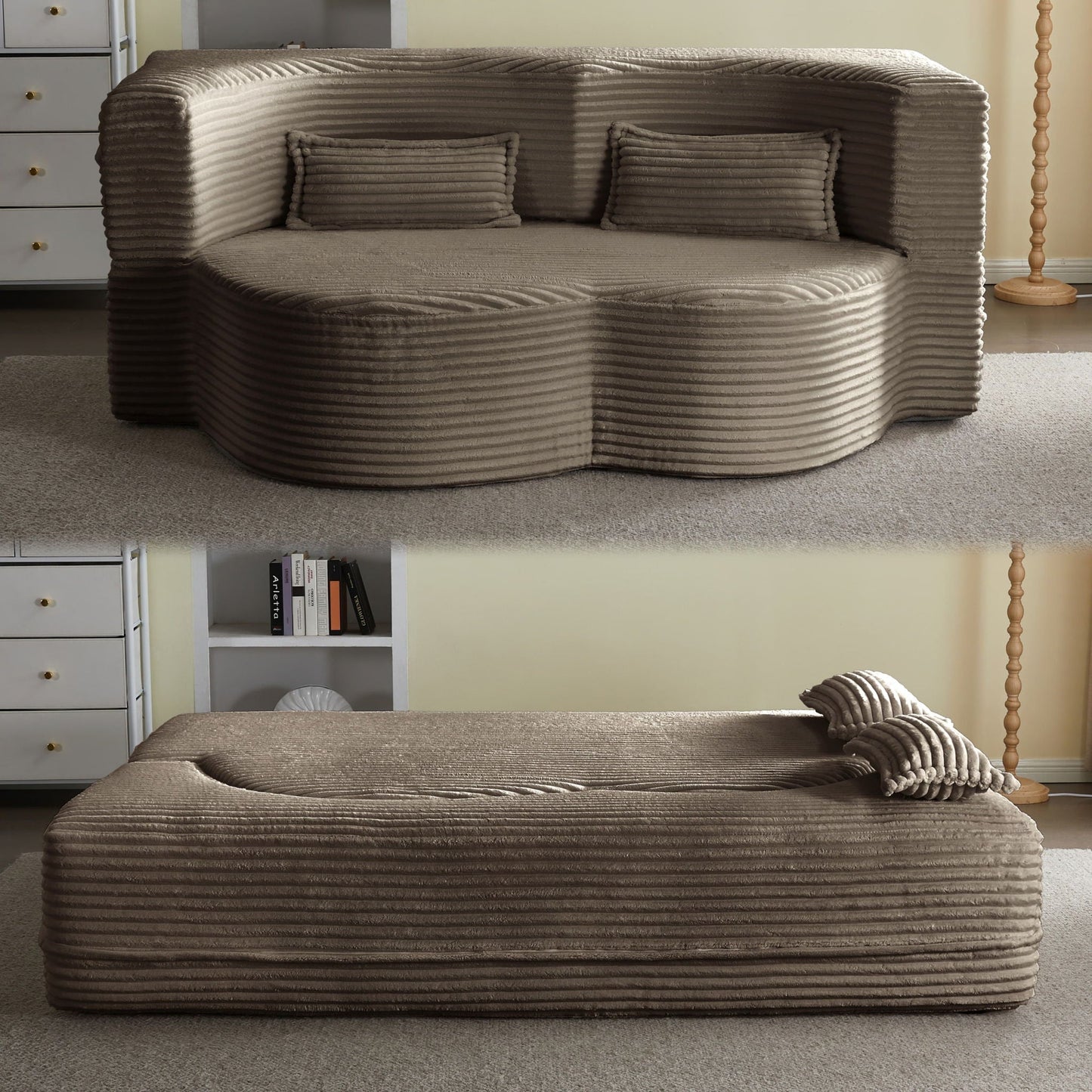 Floor convertible sleeper futon sofa in taupe corduroy with 2 ribbed pillows on Tampa Home & Garden Store