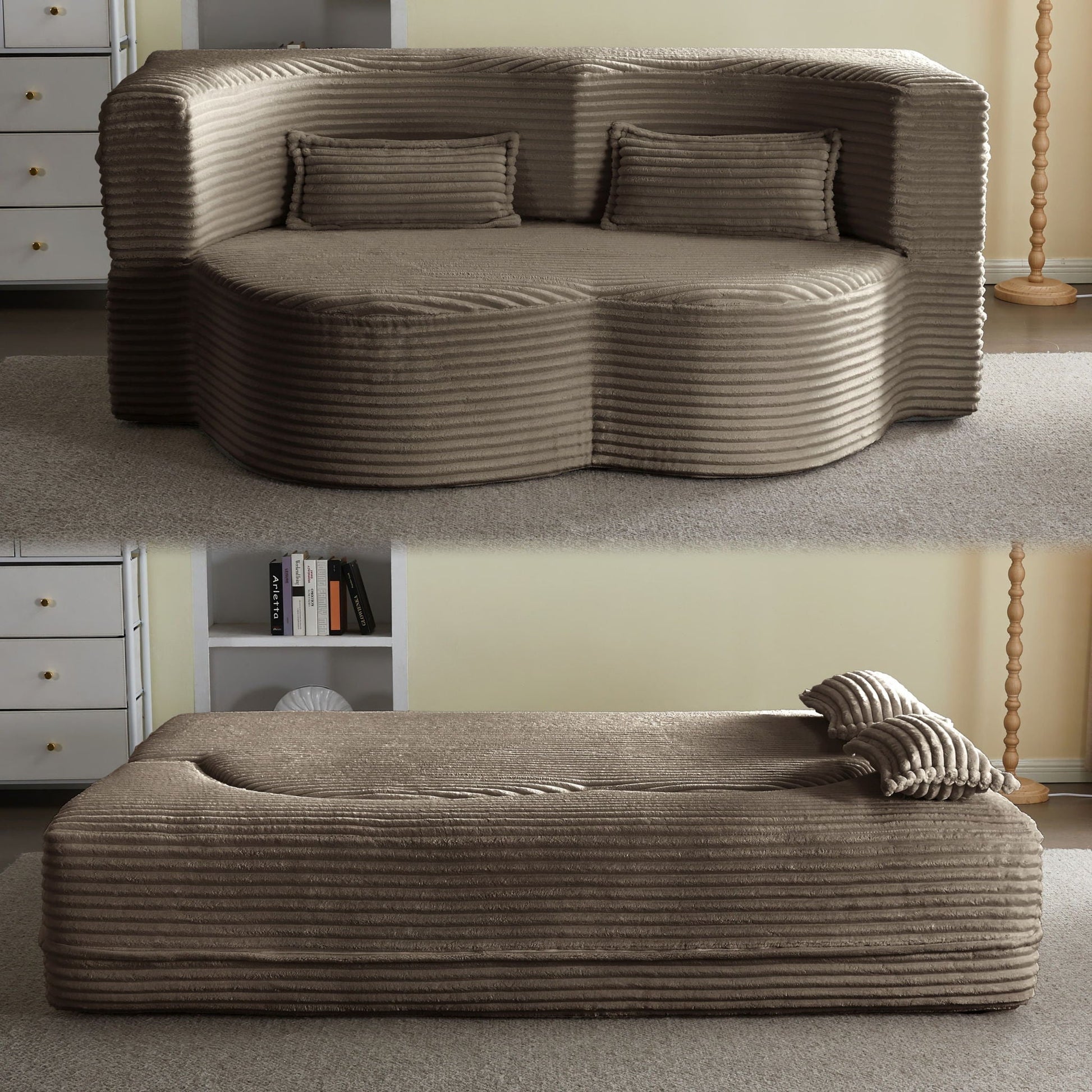 Floor convertible sleeper futon sofa in taupe corduroy with 2 ribbed pillows on Tampa Home & Garden Store