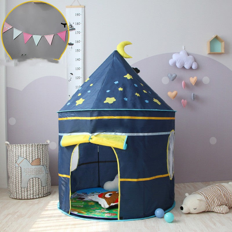 Children's princess play tent by My Store, blue fabric with yellow trim and crescent moon topper on Tampa Home & Garden Store