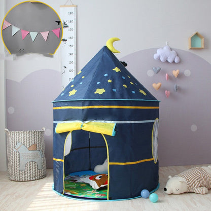 Children's princess play tent by My Store, blue fabric with yellow trim and crescent moon topper on Tampa Home & Garden Store