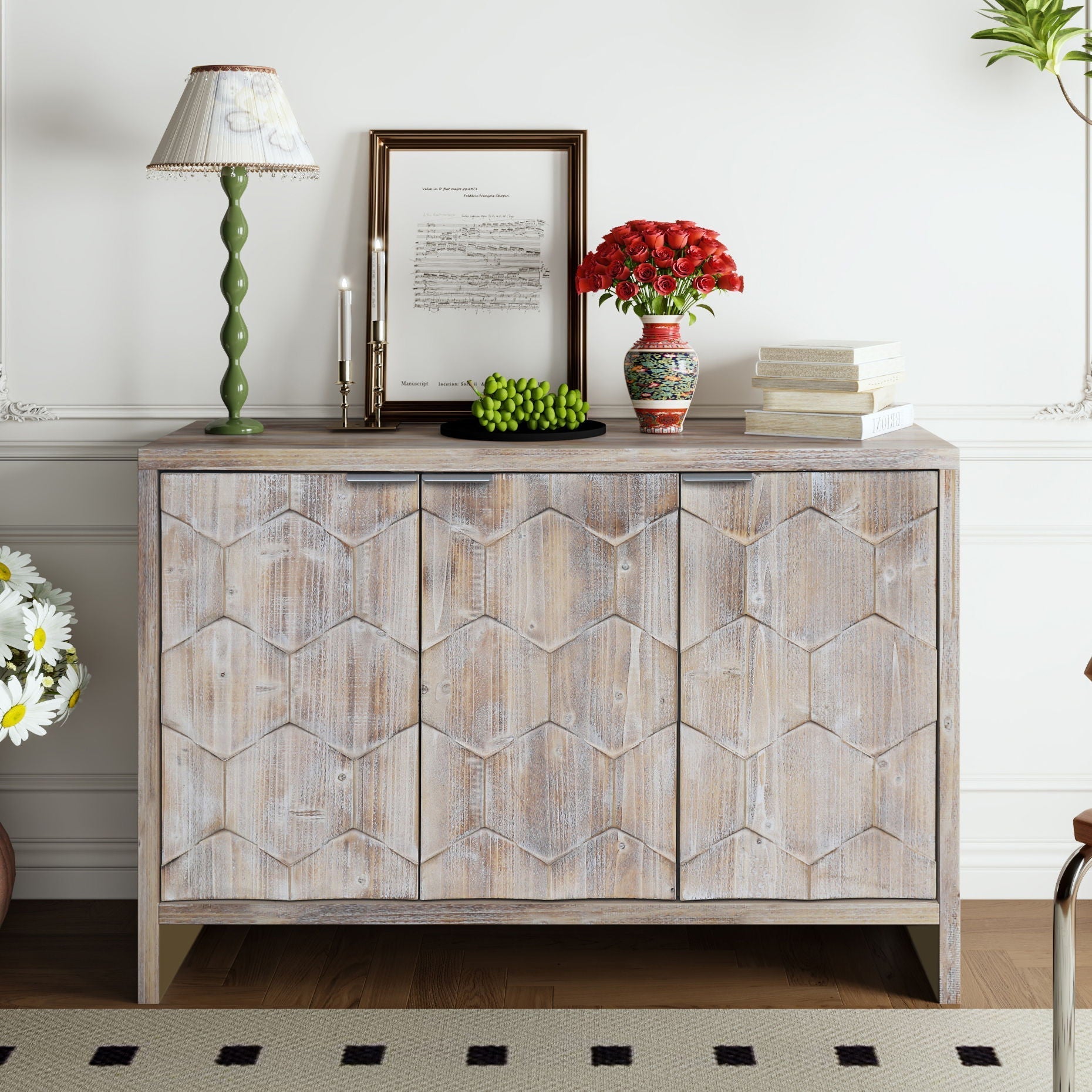 Accent Cabinet Farmhouse 4-Door wooden sideboard with distressed finish topped by lamp and roses on Tampa Home & Garden Store