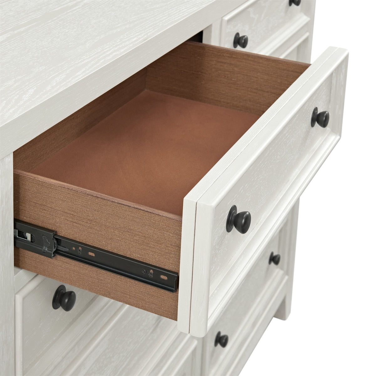 8 Drawer Dresser with Framed Fronts in White, smooth metal glides, black hardware on Tampa Home & Garden Store
