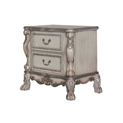 Dresden Vintage Nightstand by HouseOfZazla, whitewashed two-drawer accent table with carved legs on Tampa Home & Garden Store