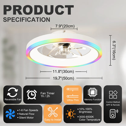 19.7 inch Modern RGB Ceiling Fan with Lights by HouseOfZazla, white finish with rainbow LED ring on Tampa Home & Garden Store