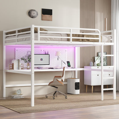 White metal queen-size loft bed with desk underneath and pink LED lighting on Tampa Home & Garden Store