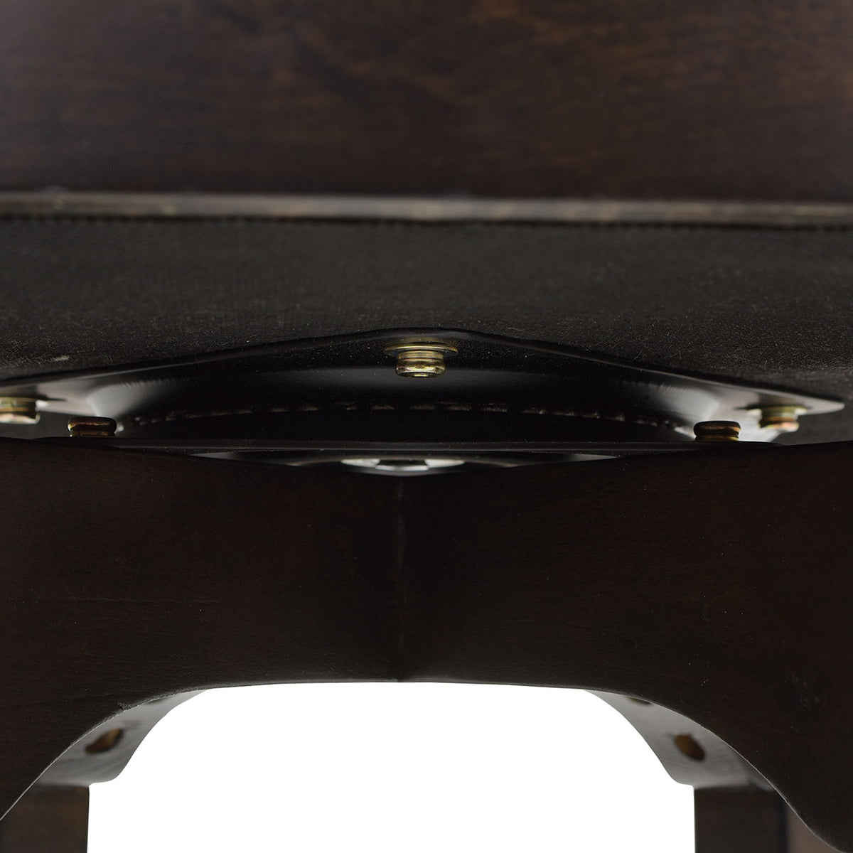 Swivel counter height bar stool underside in dark espresso hardwood with metal swivel plate on Tampa Home & Garden Store