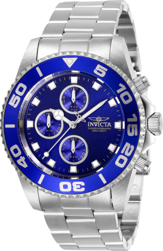 Invicta Men's Pro Diver watch with blue dial and blue bezel, stainless steel bracelet, three subdials on Tampa Home & Garden Store
