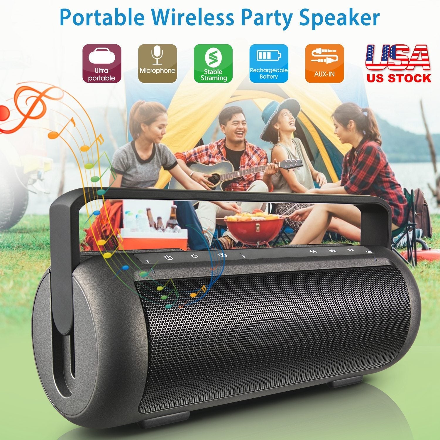 GemGear iRola Wireless Speaker with handle black dual subwoofer stereo bass mic AUX-IN camping on Tampa Home & Garden Store