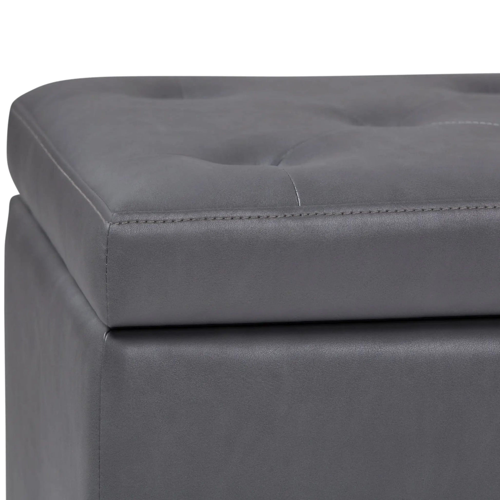 Hamilton Upholstered Storage Ottoman in gray faux leather with stitched top on Tampa Home & Garden Store