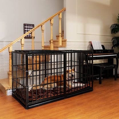 Extra Large Heavy Duty Dog Crate in black metal with dog resting inside on a brown mat on Tampa Home & Garden Store