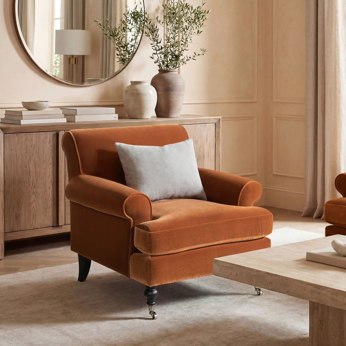 Alana Lawson accent arm chair in burnt orange velvet with caster feet Unique Piece Furniture on Tampa Home & Garden Store