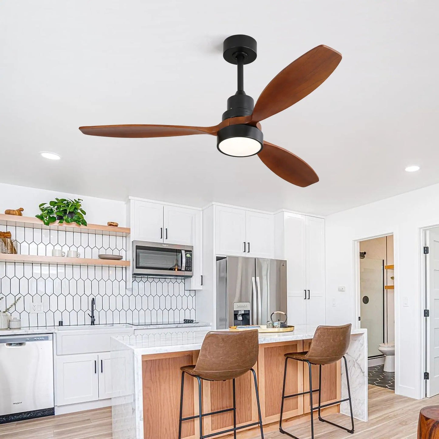 Ceiling fan Unique Piece Furniture with LED light and three wood blades black motor housing on Tampa Home & Garden Store